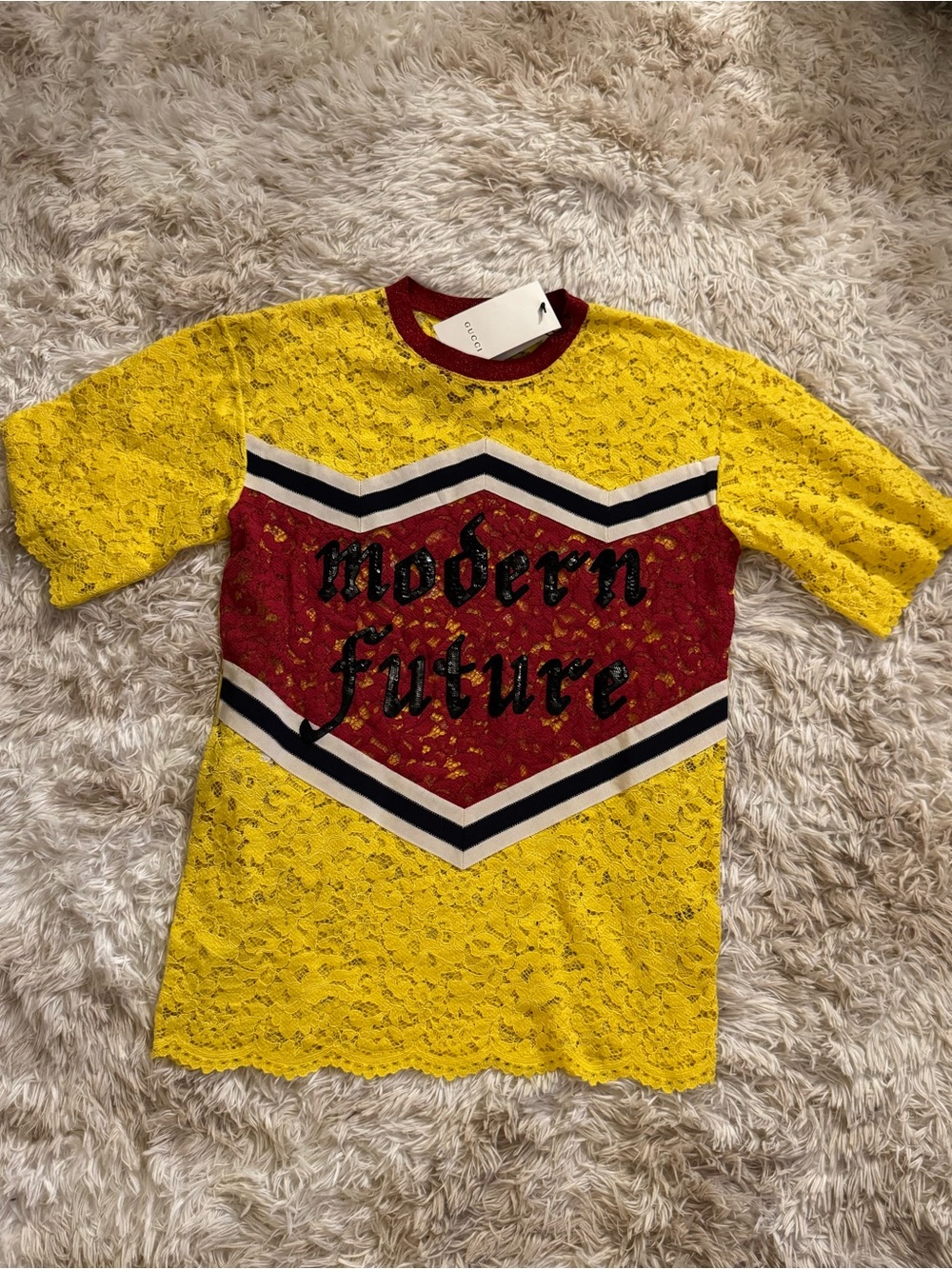 Gucci Yellow Lace Tee with Red Shield Graphic - Modern Future
